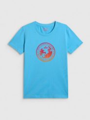 4F T-shirt regular z nadrukiem damski - niebieski XXL. Niebieskie t-shirty 4f, xxl, bez wzorów, z bawełny, klasyczne, bez kołnierzyka, bez ramiączek. Za 59.99 zł.