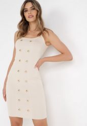Beżowa Sukienka Eunitheme. Brązowe sukienki Born2be, s, bez wzorów, z dzianiny, retro, bez kołnierzyka, bez ramiączek, mini, bodycon. Za 169.99 zł.