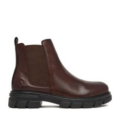 Botki Rieker. Brązowe botki Rieker, bez wzorów, bez obcasa, na płaskiej podeszwie, bez zapięcia. Za 419.99 zł.
