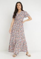 Niebiesko-Pomarańczowa Sukienka z Wiskozy Cirukas. Niebieskie sukienki Born2be, na co dzień, m, bez wzorów, z materiału, klasyczne, bez kołnierzyka, bez ramiączek, maxi, kopertowe. Za 129.99 zł.