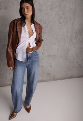 Granatowe Jeansy Barrel Leg High Waist z Bawełny Tinamist. Niebieskie jeansy Renee, l, bez wzorów, z bawełny, z podwyższonym stanem. Za 129.99 zł.