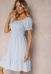 Jasnoniebieska Bawełniana Sukienka o Rozkloszowanym Kroju z Gumką przy Dekolcie Moridia. Niebieskie sukienki Renee, na imprezę, m, bez wzorów, z bawełny, eleganckie, bez kołnierzyka, bez ramiączek, mini, dopasowane. W wyprzedaży za 39.99 zł.