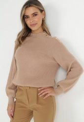 Beżowy Sweter Dzianinowy z Długim Rękawem i Guzikami Omes. Brązowe swetry Born2be, bez wzorów, z dzianiny, bez ramiączek. W wyprzedaży za 118.99 zł.