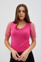 Bluzka z ozdobnymi rękawami. Bluzki MOODO, xs, bez wzorów, z bawełny, bez kołnierzyka, bez ramiączek. W wyprzedaży za 17.99 zł.