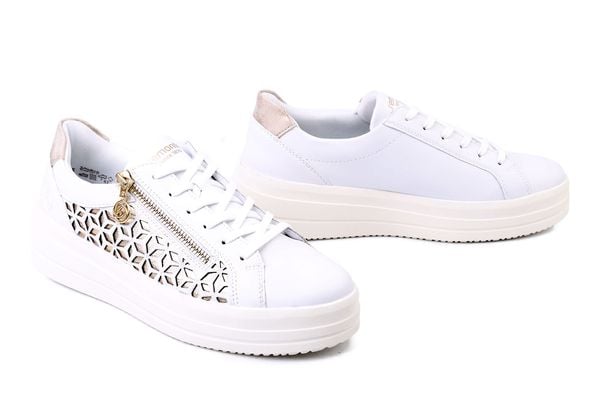 RIEKER REMONTE D1C11-80 white combination, półbuty damskie. Białe półbuty wsuwane Rieker Remonte, bez wzorów, ze skóry, bez obcasa. Za 419.90 zł.