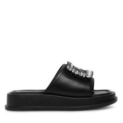 Klapki Badura. Czarne klapki Badura, bez wzorów, bez obcasa, bez zapięcia. Za 229.99 zł.