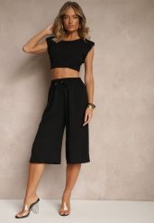Czarne Spodnie Kuloty z Bawełną High Waist Azetia. Czarne jeansy Renee, na lato, l, bez wzorów, z bawełny, eleganckie, z podwyższonym stanem. W wyprzedaży za 39.99 zł.