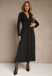 Czarna Taliowana Sukienka Longsleeve z Wiskozą z Marszczeniem i Dekoltem V Elirie. Czarne sukienki Renee, na imprezę, l, bez wzorów, z wiskozy, bez kołnierzyka, bez ramiączek, maxi, oversize. Za 159.99 zł.
