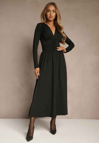 Czarna Taliowana Sukienka Longsleeve z Wiskozą z Marszczeniem i Dekoltem V Elirie. Czarne sukienki Renee, na imprezę, l, bez wzorów, z wiskozy, bez kołnierzyka, bez ramiączek, maxi, oversize. Za 169.99 zł.