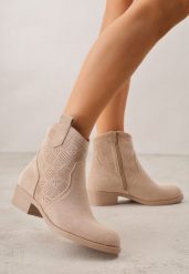 Ciemnobeżowe Ażurowe Botki na Słupku Typu Kowbojki Iolerine. Brązowe botki Renee, w ażurowe wzory, z jeansu, bez obcasa, na płaskiej podeszwie, bez zapięcia. Za 139.99 zł.