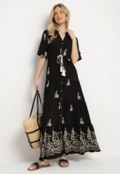 Czarna Wiskozowa Sukienka Boho o Rozkloszowanym Kroju z Haftem i Wiązaniem Lilvanis. Czarne sukienki Born2be, na co dzień, l, bez wzorów, z jeansu, boho, bez kołnierzyka, bez ramiączek, maxi, rozkloszowane. W wyprzedaży za 127.49 zł.