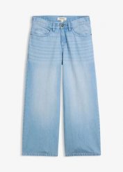 Lekkie jeansy z szerokimi nogawkami, średnim stanem i wygodnym pasem. Niebieskie jeansy bonprix, bez wzorów, z jeansu. Za 114.99 zł.