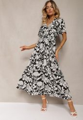 Czarno-Biała Kopertowa Sukienka o Rozkloszowanym Kroju w Kwiaty z Gumką w Talii Dolefia. Czarne sukienki Renee, l, bez wzorów, z jeansu, eleganckie, bez kołnierzyka, bez ramiączek, maxi, kopertowe. W wyprzedaży za 48.99 zł.