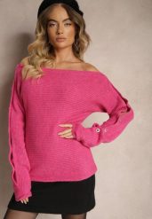 Fuksjowy Elegancki Sweter z Dekoltem w Łódkę Zdobiony Guzikami i Wycięciami na Rękawach Dorida. Czerwone swetry Renee, m, z aplikacjami, z jeansu, casualowe, bez ramiączek. W wyprzedaży za 95.99 zł.