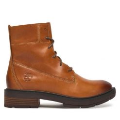 Trzewiki Timberland. Brązowe botki Timberland, bez wzorów, bez obcasa, na płaskiej podeszwie, bez zapięcia. Za 639.99 zł.