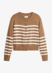 Sweter rozpinany o skróconej długości, z mieszanki bawełny. Brązowe swetry bonprix, bez wzorów, z bawełny, eleganckie, bez ramiączek. Za 109.99 zł.