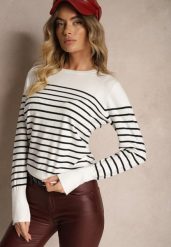 Biały Sweter z Wiskozą Bawełną z Nitami w Paski Vitita. Białe swetry Renee, l, bez wzorów, z bawełny, biznesowe, bez ramiączek. W wyprzedaży za 63.99 zł.