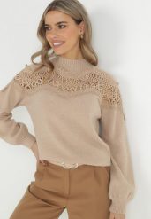 Beżowy Sweter Dzianinowy z Koronką Amaleth. Brązowe swetry Born2be, z aplikacjami, z dzianiny, bez ramiączek. W wyprzedaży za 144.49 zł.
