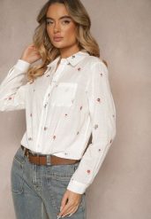 Biała Wiskozowa Koszula Ozdobiona Kwiatowym Haftem Vilreis. Białe koszule Renee, m, bez wzorów, z jeansu, eleganckie, bez kołnierzyka, bez ramiączek. W wyprzedaży za 111.99 zł.