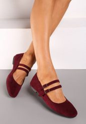 Bordowe Balerinki o Kwadratowym Nosku z Paskami i Eleganckimi Klamerkami Nailan. Czerwone baleriny Renee, z aplikacjami, z jedwabiu, biznesowe, bez obcasa, na obcasie, bez zapięcia. W wyprzedaży za 59.99 zł.