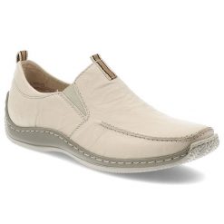 Beżowe Półbuty Rieker Stylowe Wsuwane Obuwie Damskie. Brązowe półbuty wsuwane Rieker, bez wzorów, ze skóry, eleganckie, bez obcasa. Za 269.00 zł.