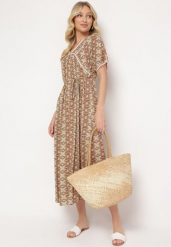 Beżowa Boho Sukienka z Wiskozy z Cienkim Paskiem i Krótkim Rękawem Meaata. Brązowe sukienki Born2be, l, bez wzorów, z materiału, boho, bez kołnierzyka, plus size, bez ramiączek, maxi. W wyprzedaży za 82.49 zł.