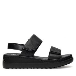 Sandały Rieker. Czarne sandały Rieker, bez wzorów, bez obcasa, na płaskiej podeszwie, bez zapięcia. Za 299.99 zł.