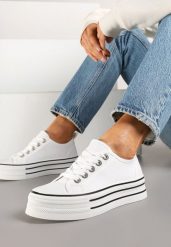 Białe Trampki na Grubej Podeszwie Lurivanna. Białe trampki Renee, z aplikacjami, z jeansu, eleganckie, bez zapięcia. W wyprzedaży za 67.99 zł.