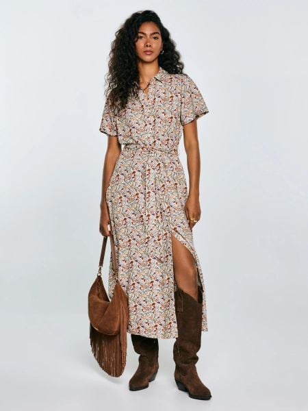 Sukienka damska midi z wiskozy z nadrukiem kremowa Nahai 103. Białe sukienki BIG STAR, na co dzień, l, bez wzorów, z tkaniny, eleganckie, bez kołnierzyka, bez ramiączek, midi, dopasowane. W wyprzedaży za 129.99 zł.