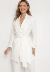 Biała Sukienka w Stylu Marynarki z Paskiem i Usztywnionymi Ramionami Etinella. Białe sukienki Born2be, na co dzień, l, bez wzorów, z jeansu, klasyczne, bez kołnierzyka, bez ramiączek. Za 89.99 zł.