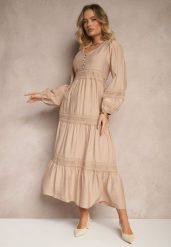 Ciemnobeżowa Rozkloszowana Sukienka z Wiskozy Zdobiona Koronkowymi Wstawkami Gonolen. Brązowe sukienki Renee, na co dzień, l, z aplikacjami, z koronki, eleganckie, bez kołnierzyka, bez ramiączek, maxi, rozkloszowane. W wyprzedaży za 111.99 zł.