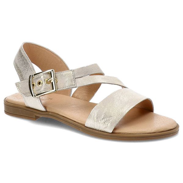 Złote Sandały Lamanti Skórzane Buty Damskie. Żółte sandały LAMANTI, bez wzorów, ze skóry, eleganckie, bez obcasa, na płaskiej podeszwie, bez zapięcia. Za 219.00 zł.