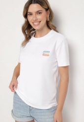 Biały T-shirt z Małym Nadrukiem Tenalera. Białe t-shirty Born2be, l, bez wzorów, eleganckie, bez kołnierzyka, bez ramiączek. Za 49.99 zł.