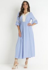 Niebieska Wiskozowa Sukienka Maxi z Ozdobnym Dekoltem i Gumką w Pasie Latava. Niebieskie sukienki Born2be, na co dzień, m, bez wzorów, z wiskozy, bez kołnierzyka, bez ramiączek, maxi, rozkloszowane. Za 119.99 zł.