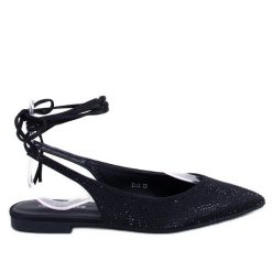 Baleriny z cyrkoniami odkrytą pięta Vonda Black czarne. Czarne baleriny bez wzorów, z materiału, bez obcasa, bez zapięcia. Za 74.99 zł.