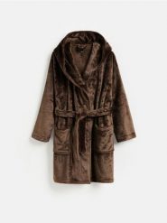 Miękki szlafrok z uszami - brązowy. Brązowe szlafroki damskie Reserved, l, bez wzorów, z dzianiny, bez ramiączek. Za 139.99 zł.
