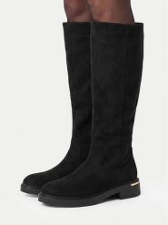 Nine West Kozaki CEO-LB205652-7B Czarny. Czarne kozaki Nine West, bez wzorów, z materiału, bez obcasa, na płaskiej podeszwie, bez zapięcia. Za 299.99 zł.