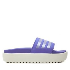 Klapki adidas. Fioletowe klapki adidas, bez wzorów, bez obcasa, bez zapięcia. Za 199.99 zł.