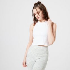 Koszulka bez rękawów damska Domyos Gym & Pilates 520 crop top. Brązowe topy NYAMBA, xl, bez wzorów, z bawełny, sportowe, bez kołnierzyka, bez ramiączek. W wyprzedaży za 29.99 zł.