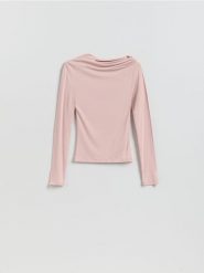 Bluzka z ozdobnym marszczeniem - pastelowy róż. Czerwone bluzki Reserved, l, bez wzorów, z dzianiny, bez kołnierzyka, bez ramiączek. Za 79.99 zł.