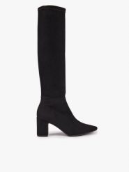 Czarne elastyczne kozaki. Czarne kozaki Ryłko, bez wzorów, z tkaniny, klasyczne, bez obcasa, na słupku, bez zapięcia. Za 499.99 zł.