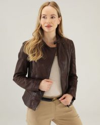 TALIOWANA KURTKA DAMSKA ZE SKÓRY. Brązowe kurtki Unisono, s, bez wzorów, ze skóry, rockowe, bez kaptura. Za 1,399.00 zł.