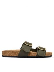 Tommy Hilfiger Klapki Leather Double Strap Cork Sandals FW0FW09118 Zielony. Zielone klapki Tommy Hilfiger, bez wzorów, ze skóry, bez obcasa, bez zapięcia. Za 409.99 zł.