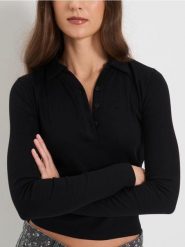 Prążkowana bluzka polo - czarny. Czarne bluzki Sinsay, l, bez wzorów, prążkowane, bez kołnierzyka, bez ramiączek. Za 25.99 zł.