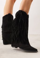 Czarne Botki Typu Kowbojki na Obcasie z Wywiniętą Cholewką i Frędzlami Uemiris. Czarne botki Born2be, bez wzorów, z jeansu, bez obcasa, na obcasie, bez zapięcia. Za 169.99 zł.