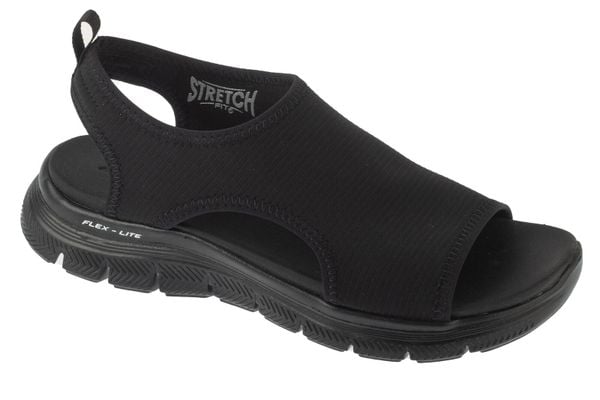 Sandały damskie, Flex Appeal 4.0 - Moon Lines. Czarne sandały Skechers, bez wzorów, z jersey, sportowe, bez obcasa, bez zapięcia. Za 179.99 zł.