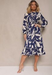 Granatowa Sukienka z Bawełną i Abstrakcyjnym Wzorem Tersedi. Niebieskie sukienki Renee, na co dzień, m, bez wzorów, z bawełny, eleganckie, bez kołnierzyka, bez ramiączek, midi. W wyprzedaży za 83.99 zł.