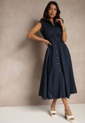 Granatowa Sukienka Koszulowa z Bawełny Ozdobiona Kieszonkami Saviette. Niebieskie sukienki Renee, na co dzień, m, bez wzorów, z bawełny, eleganckie, bez kołnierzyka, bez ramiączek, maxi, koszulowe. W wyprzedaży za 127.99 zł.