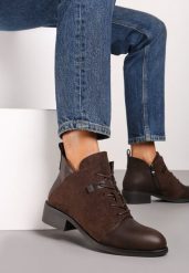 Brązowe Sznurowane Botki na Płaskiej Podeszwie Ozdobione Rivianne. Brązowe botki Renee, bez wzorów, z materiału, eleganckie, bez obcasa, na płaskiej podeszwie, bez zapięcia. Za 99.99 zł.