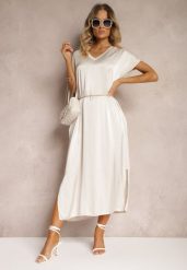 Jasnobeżowa Casualowa Sukienka z Wiskozy Oversize o Pudełkowym Kroju Morarose. Brązowe sukienki Renee, bez wzorów, z materiału, bez kołnierzyka, bez ramiączek, midi, oversize. W wyprzedaży za 127.99 zł.